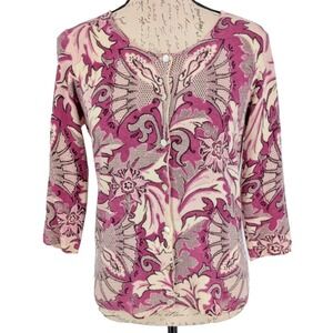 TALBOT'S Pure Cashmere Cardigan Sweater SMALL Pet Cream Fuchsia Paisley